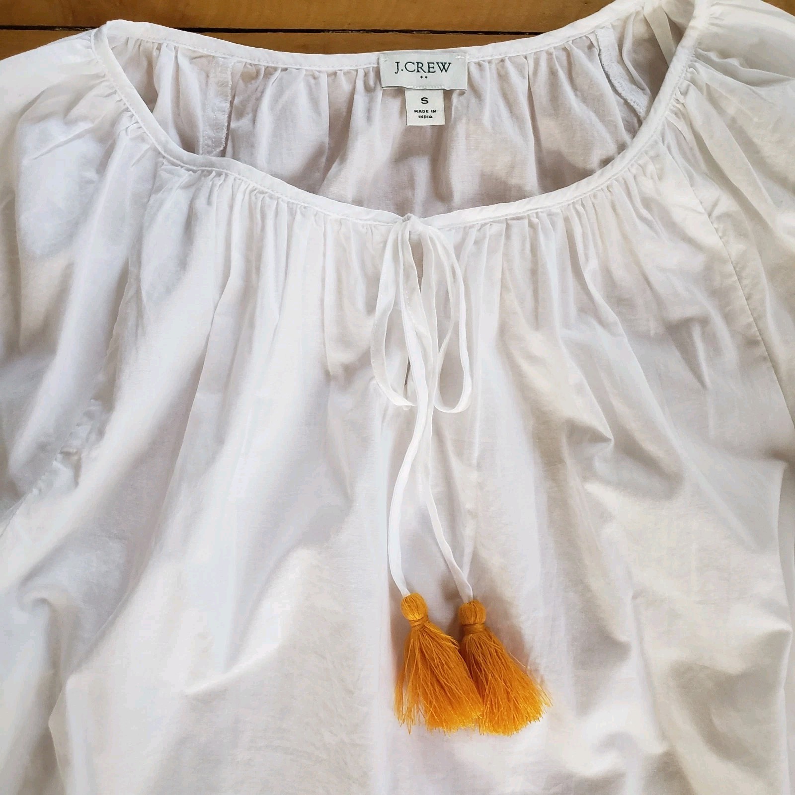 J.Crew Peasant Blouse White Embroidered Tassel Tie Boho Cotton Women’s Small