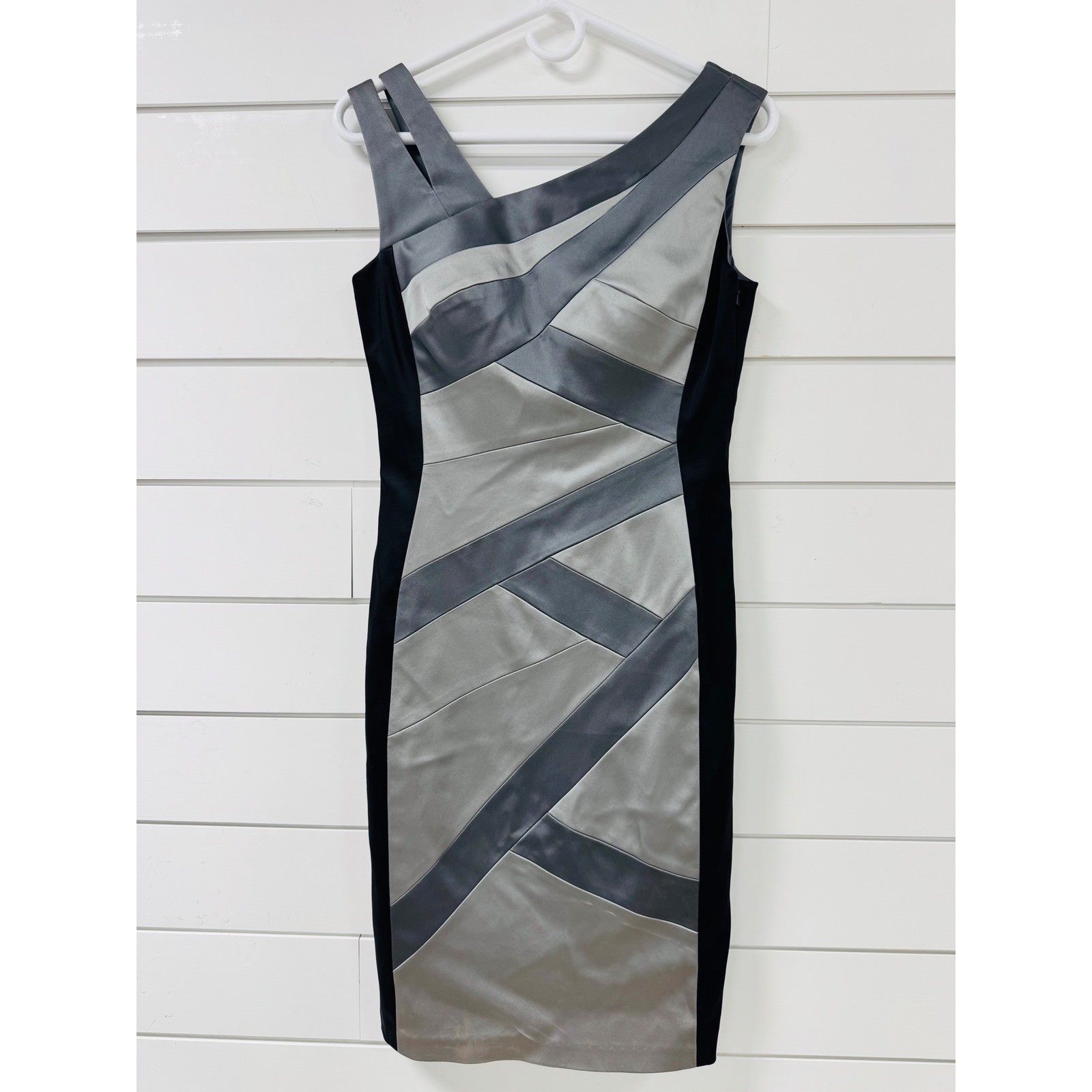 BCBGMAXAZRIA Silver Black Colorblock Bandage Sheath Dress Built-in Bra 15×38