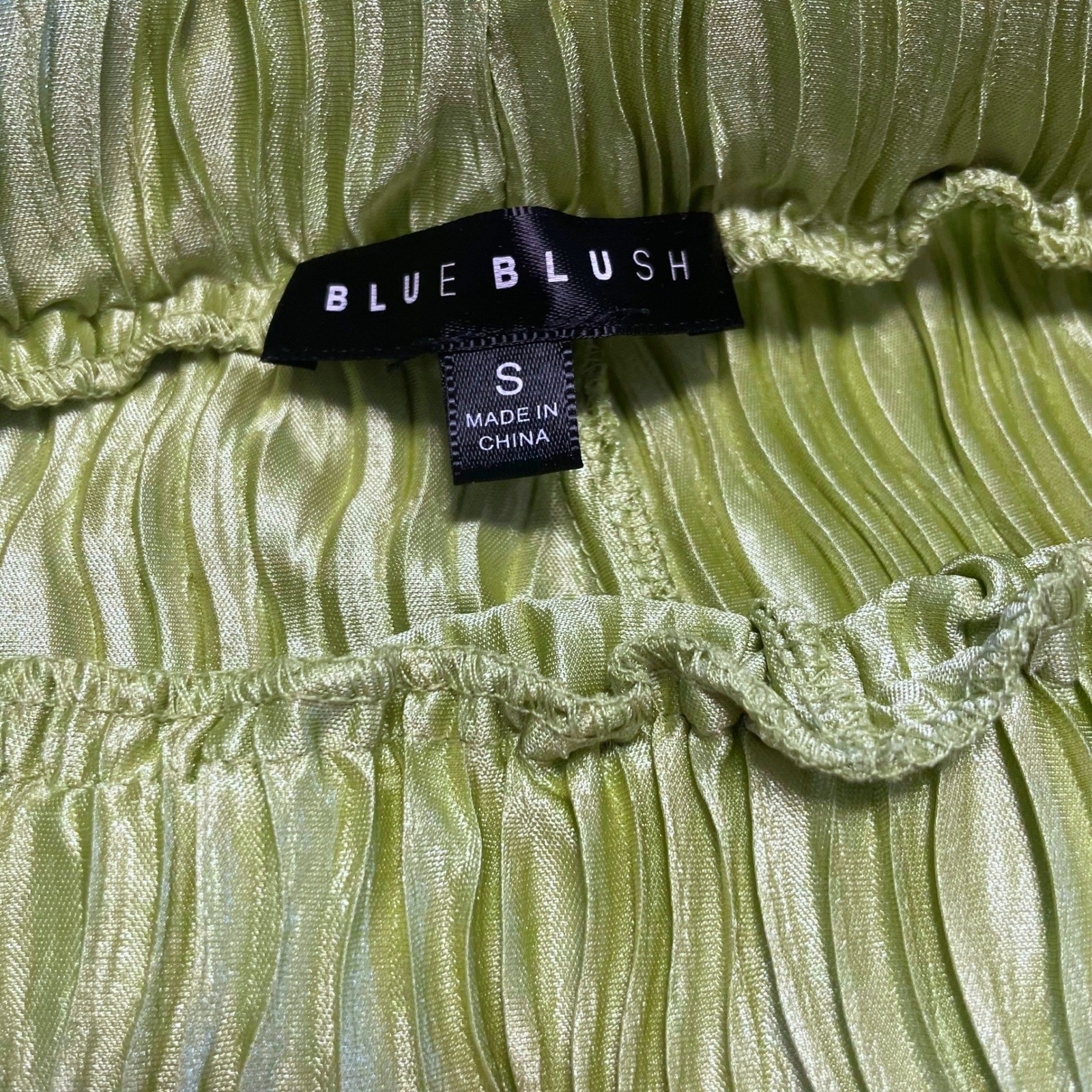 Blue Blush Plissé Satin Wide Leg Pants Small Green Crinkle Palazzo Elastic Wai