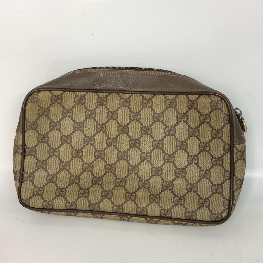 GUCCI Vintage GG Supreme Small Clutch Beige Canvas Leather Trim Wristlet Auth