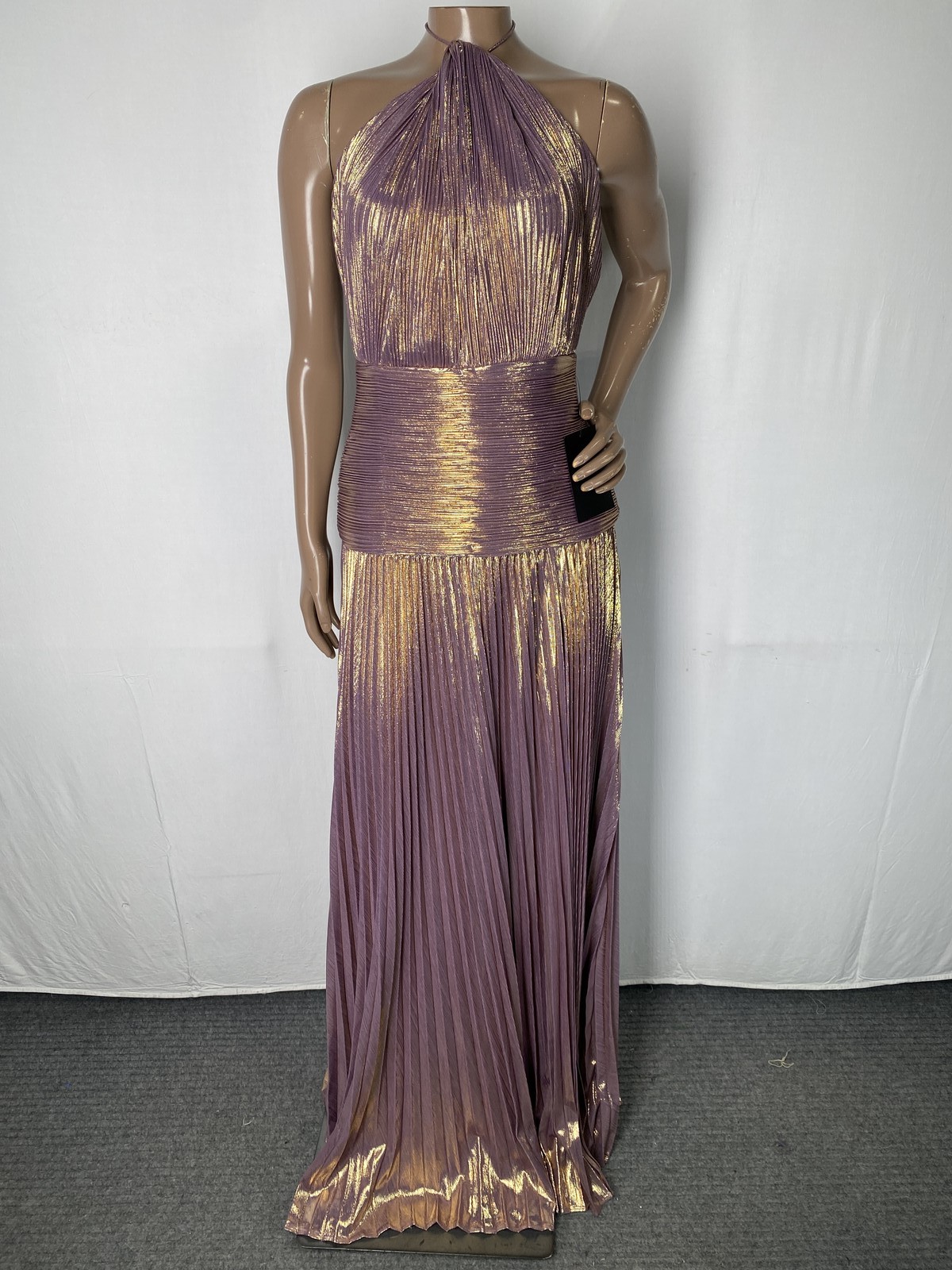 Retrofete Womens Maxi Dress Purple/Gold Size XS Thalia Halter Neck Pleated