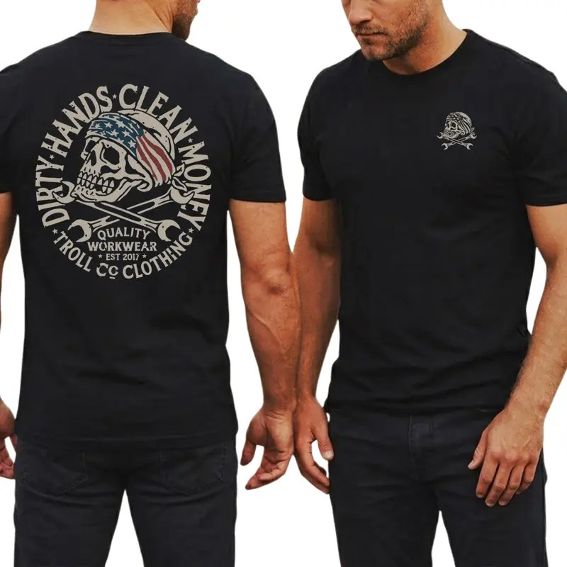 Troll Co Dirty Hands Clean Money Skull Bandana Graphic T Shirt 2 Sides, American