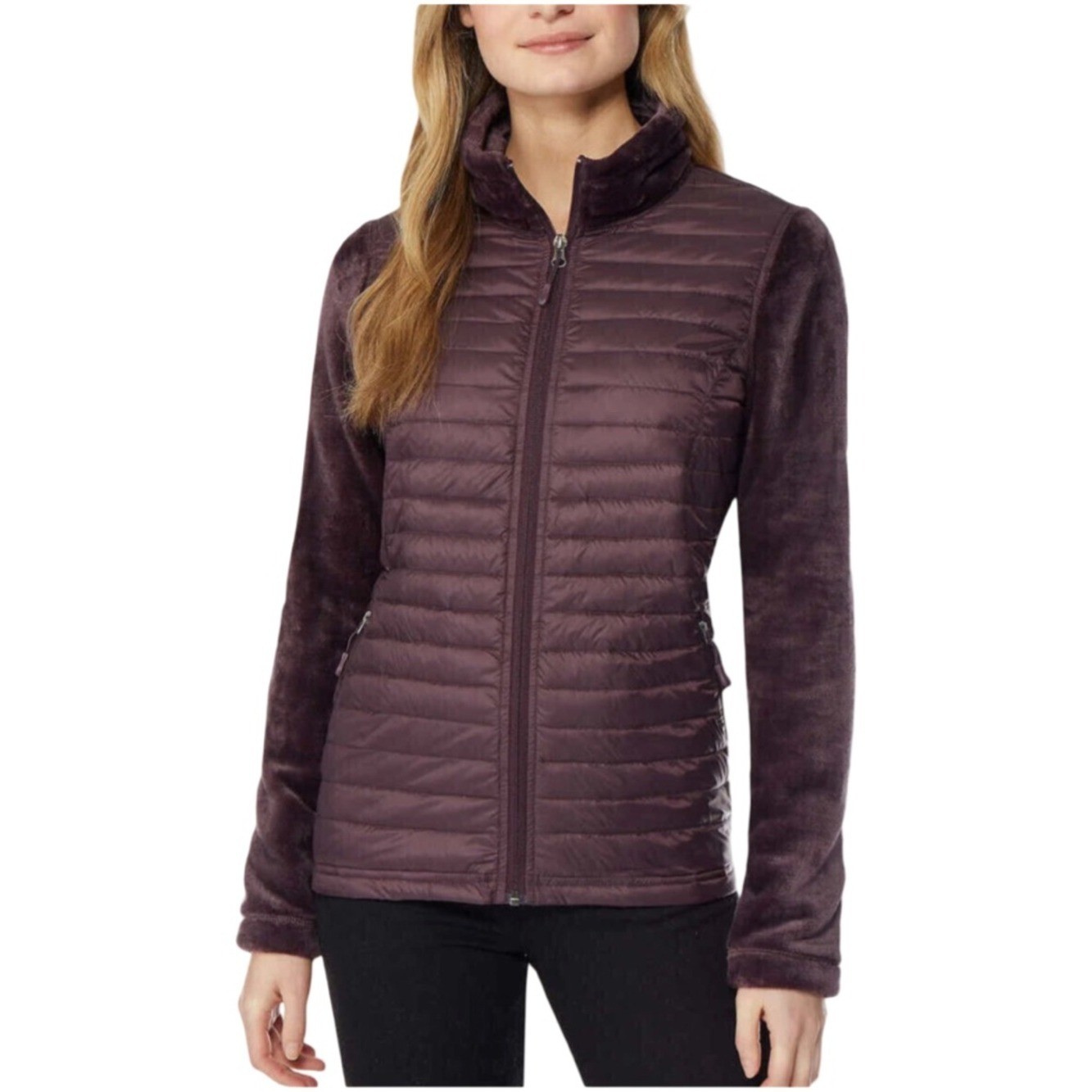 32 Degrees Women’s Mixed Media Fleece Down Puffer Jacket Plum Purple Large EUC