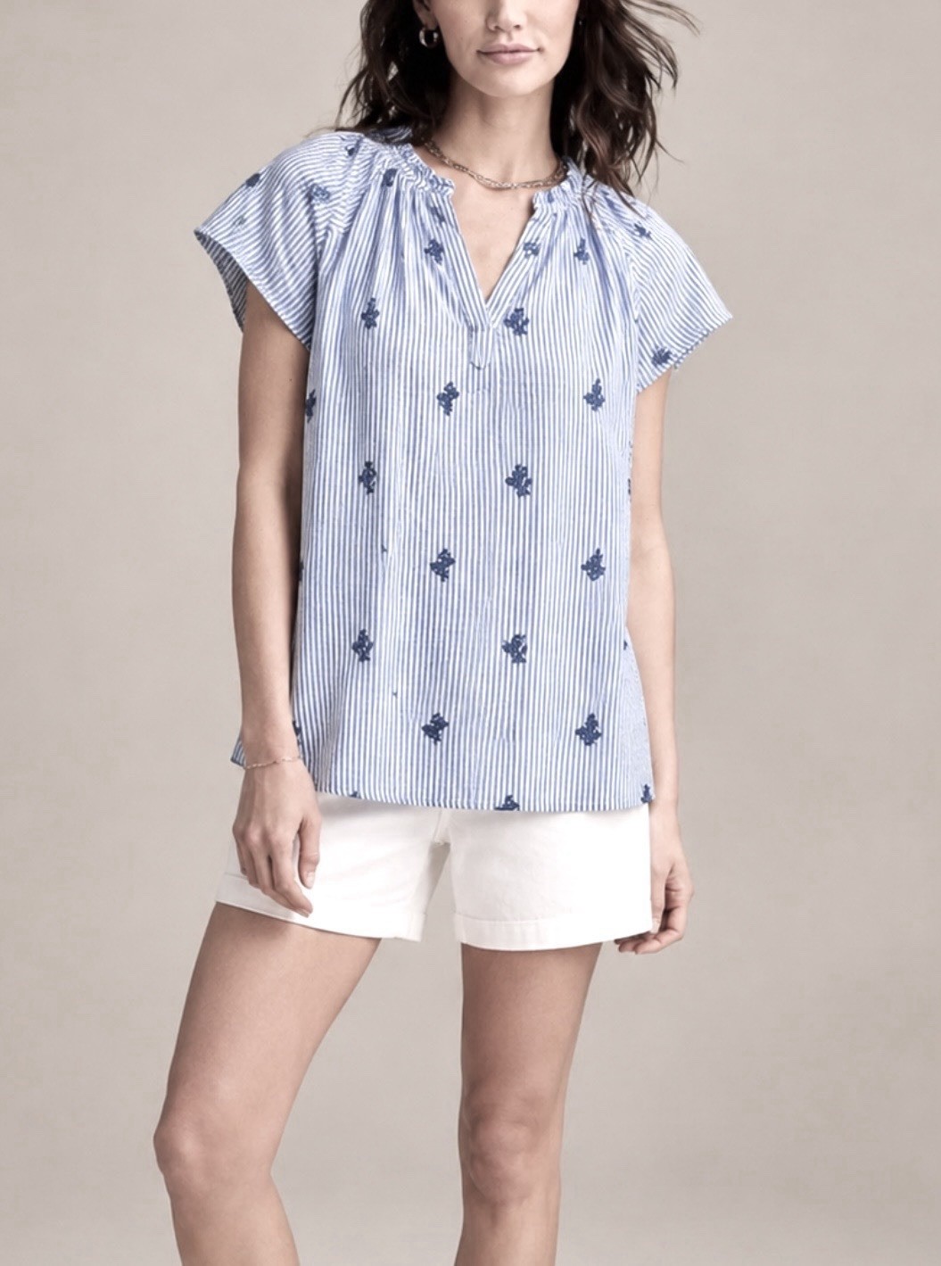 FIG FLOWER EMBROIDERED RUFFLE TOP 1X/2X STRIPED BELL SLV COASTAL PREPPY COQUETTE