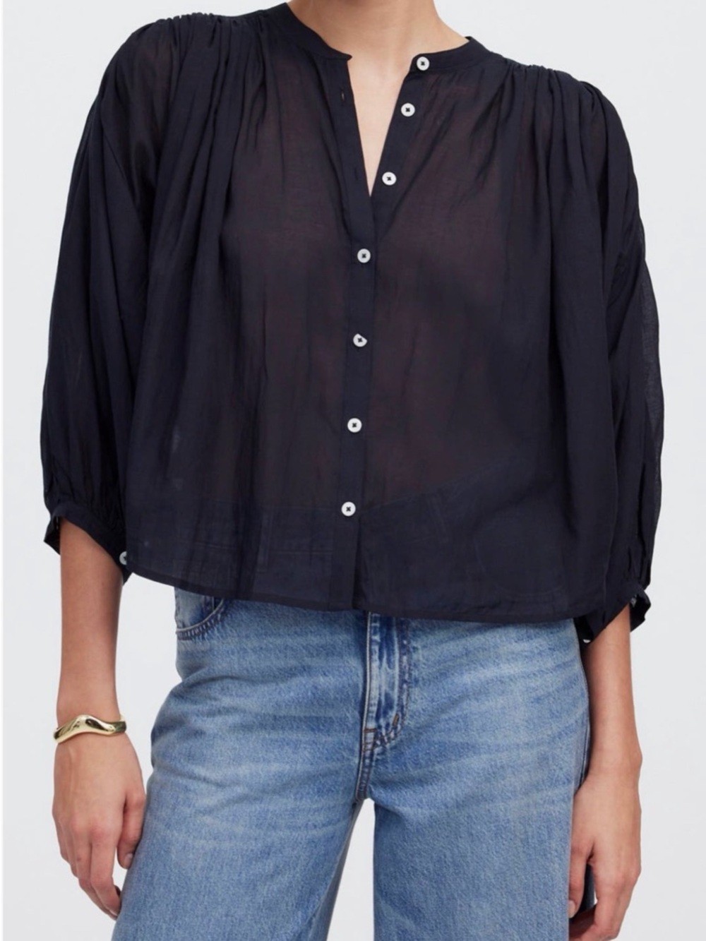 🖤 Madewell Shirred Voile Button-Up Top Black XXS 🖤