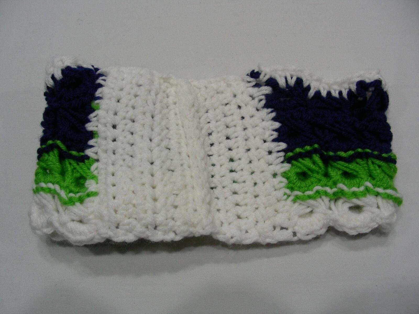 BLUE GREEN & WHITE – HAND KNITTED – ACRYLIC – ONE SIZE HEADBAND!
