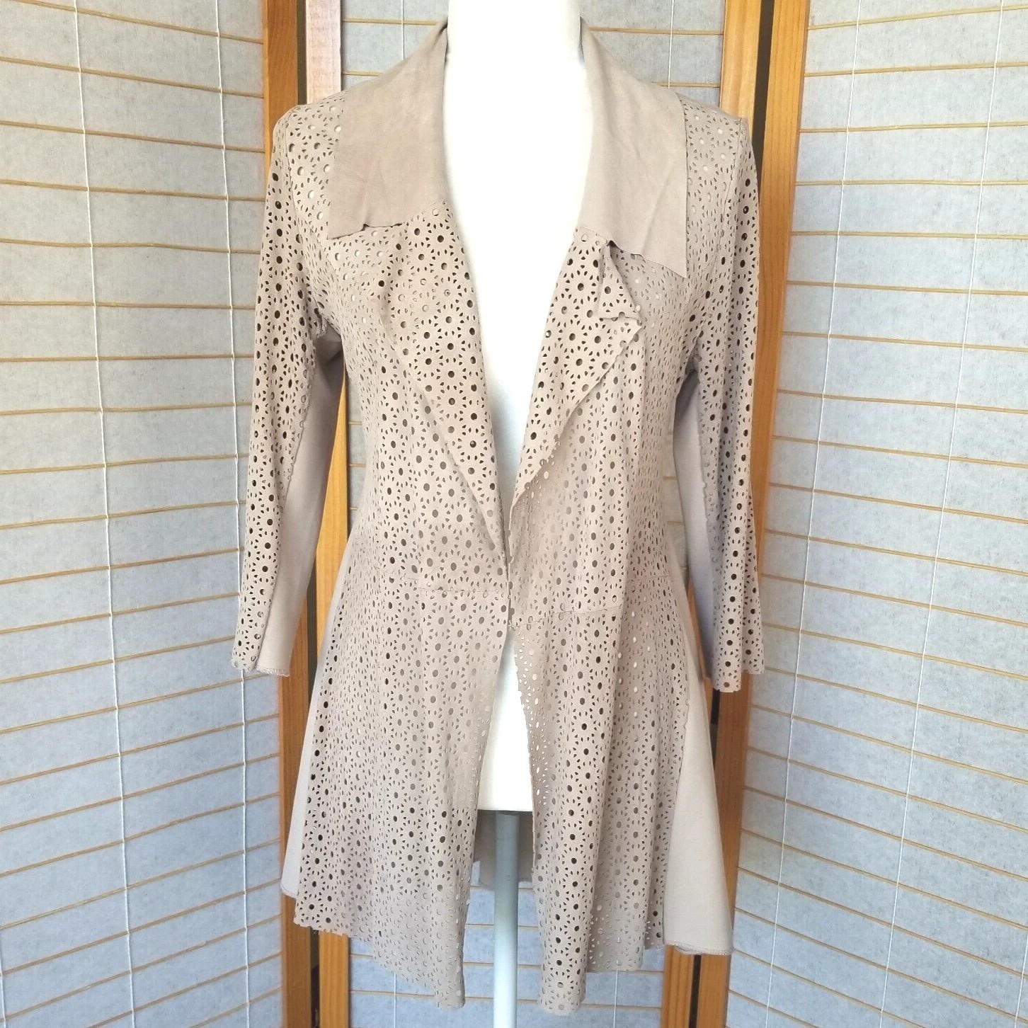 My Tribe Laser Cut Leather and Knit Long Jacket Sz Small Oyster Beige Hourglass