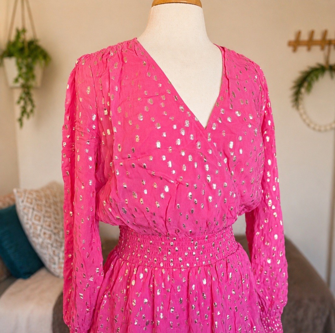 Lilly Pulitzer Cristiana Dress 12 Aura Pink Metallic Clip Dot Ruffle Smocked NWT