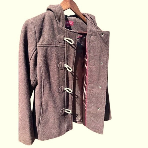 Toggle Coat Women Small Brown Excellent Hooded Wool Blend Duffle Jacket