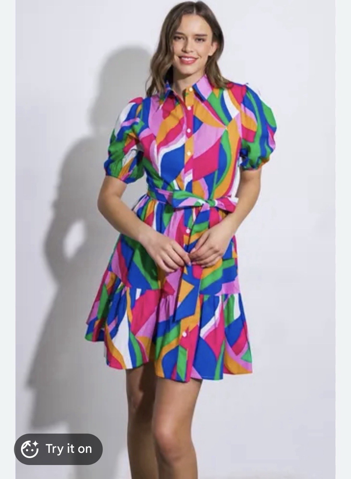 Multicolor Abstract Collared Button Front Puff Sleeve Belted Shirt Dress Size S