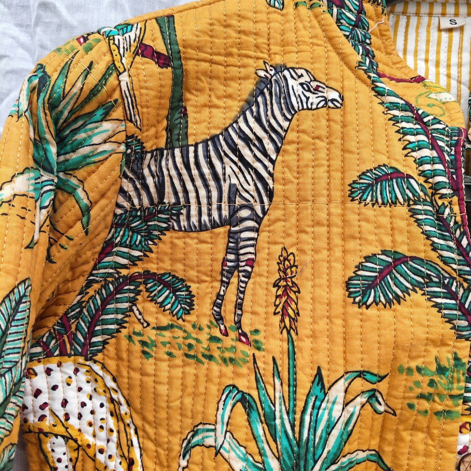 Block Print Cotton Coat, Mustard Yellow Safari Jungle Print Kantha Jacket,