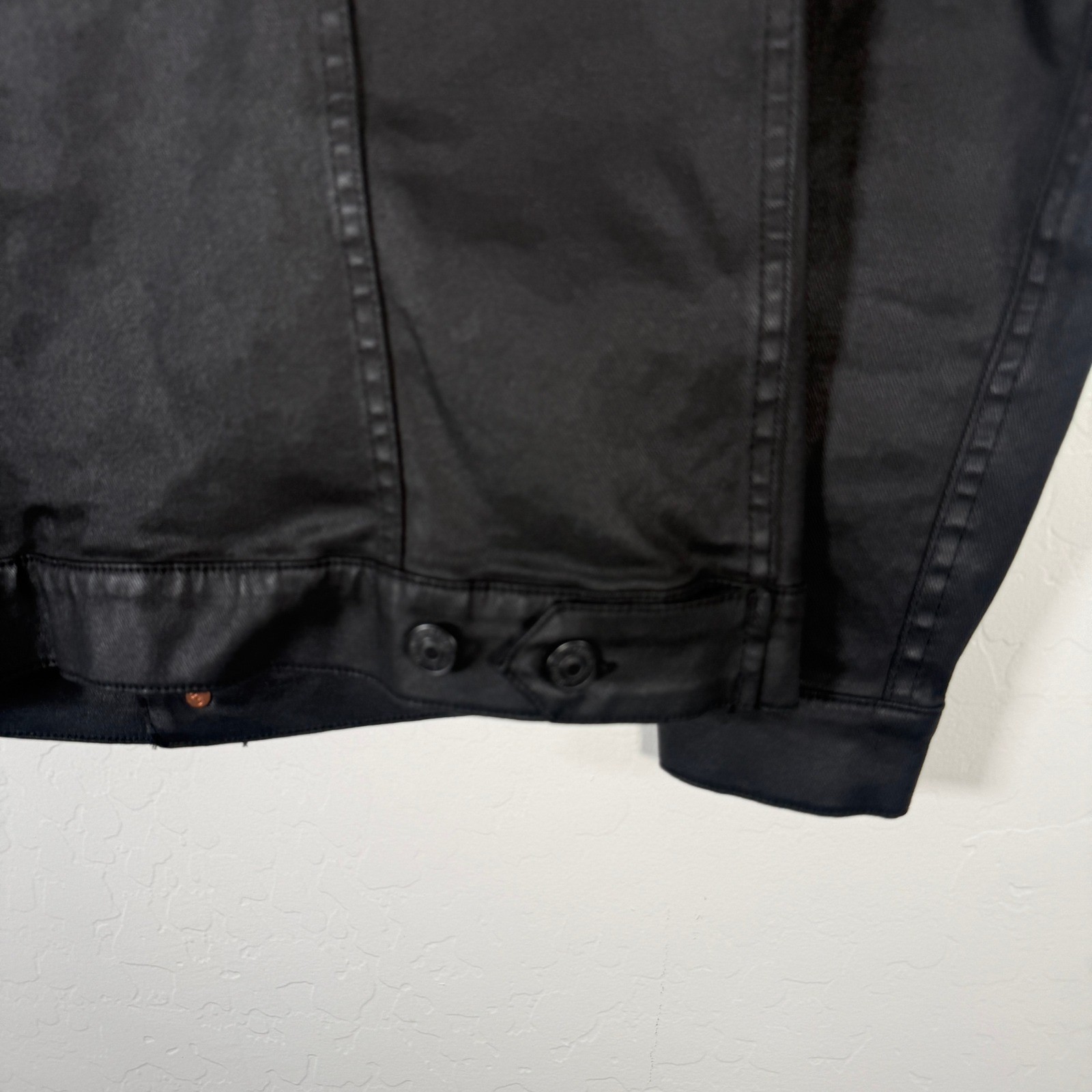 7 For All Mankind Coated Jacket Mens M Black Denim Trucker Button Up Flap Pocket