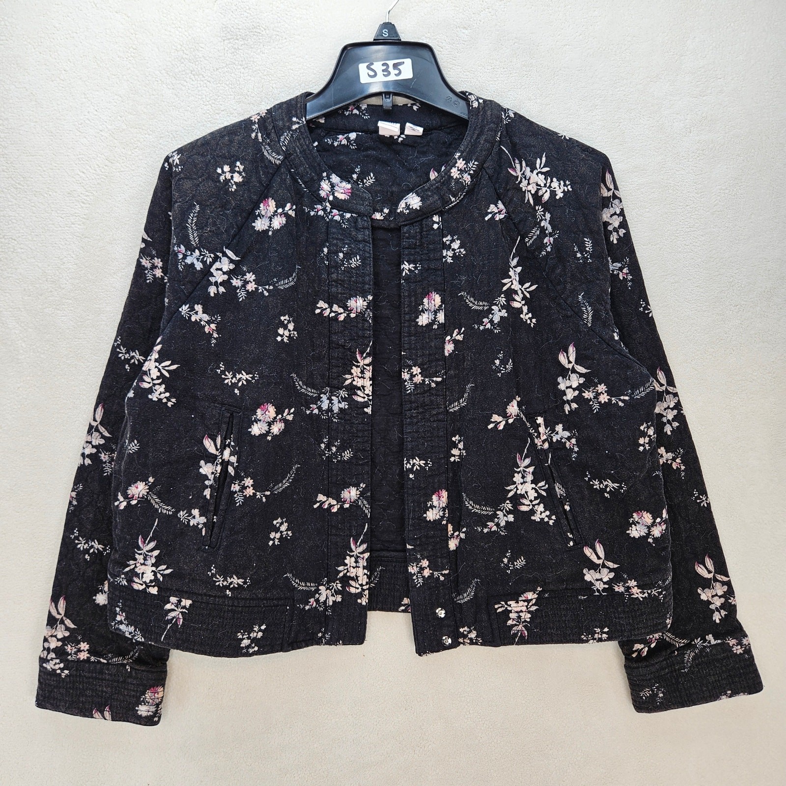 MELROSE & MARKET WOMEN’S MEDIUM JACKET FLORAL CROPPED LIGHTWEIGHT OPEN FRONT BLK
