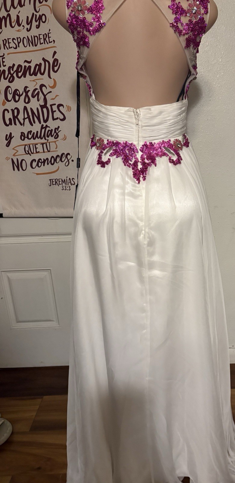 Milano White Satin Long Gown Pink Floral Sequin Beaded Open Back 1 Zip