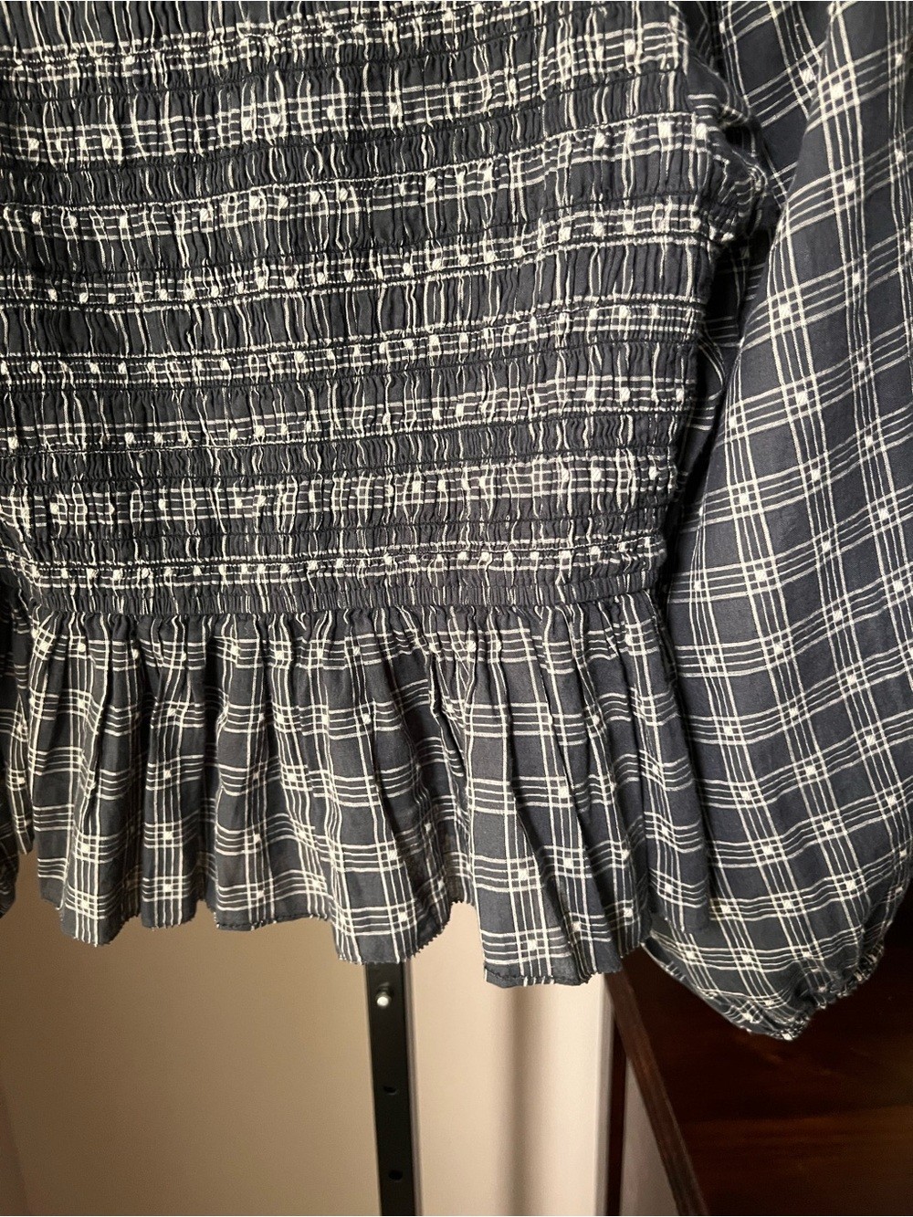 THE GREAT. Smocked Plaid Long-Sleeve Peplum Top