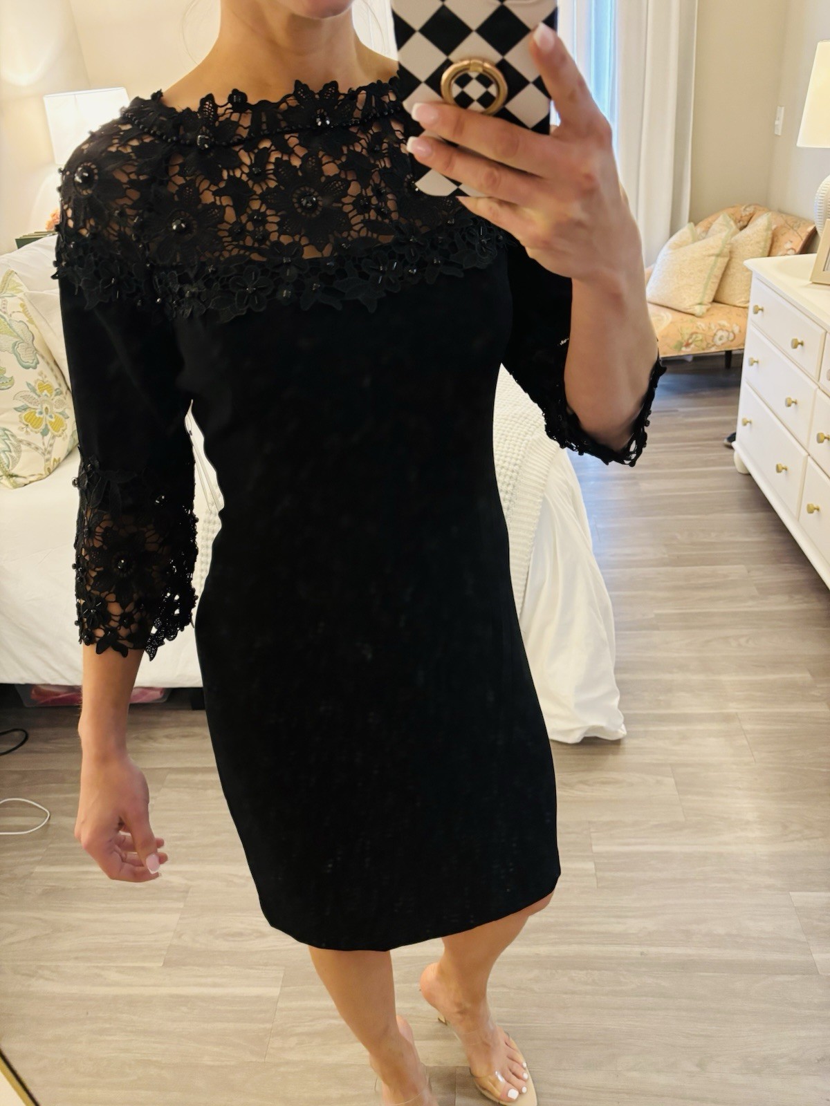 SHANI Black Solid Lace Sheath Knee Dress 3/4 Sleeve Boat Neck 8 S-670