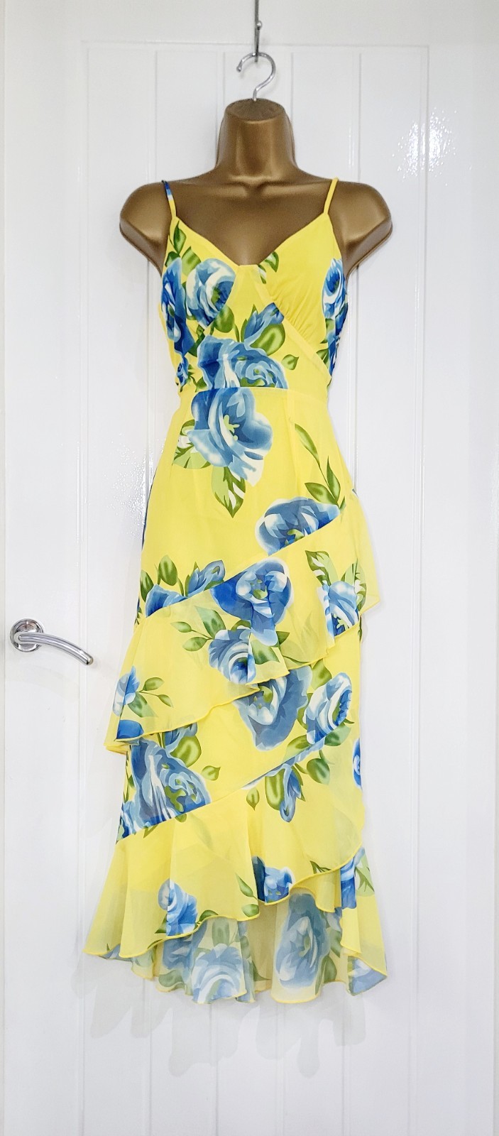 Quiz size 8 yellow blue floral chiffon flippy frill summer Midi dress holiday