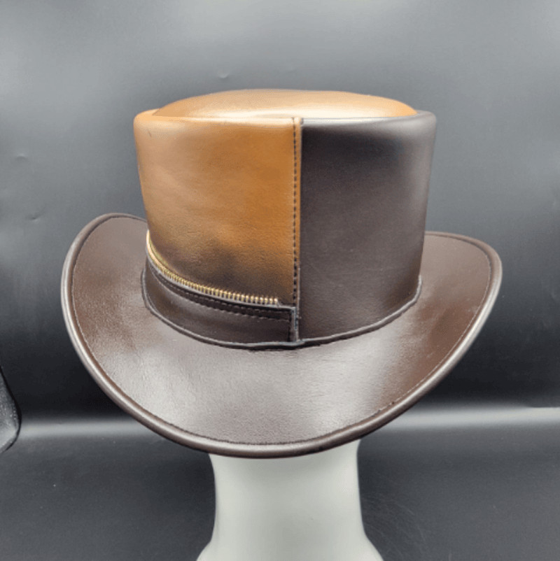 100% Genuine Leather Top Hat Brown Two-Tone Gold Zipper Steampunk Western Style