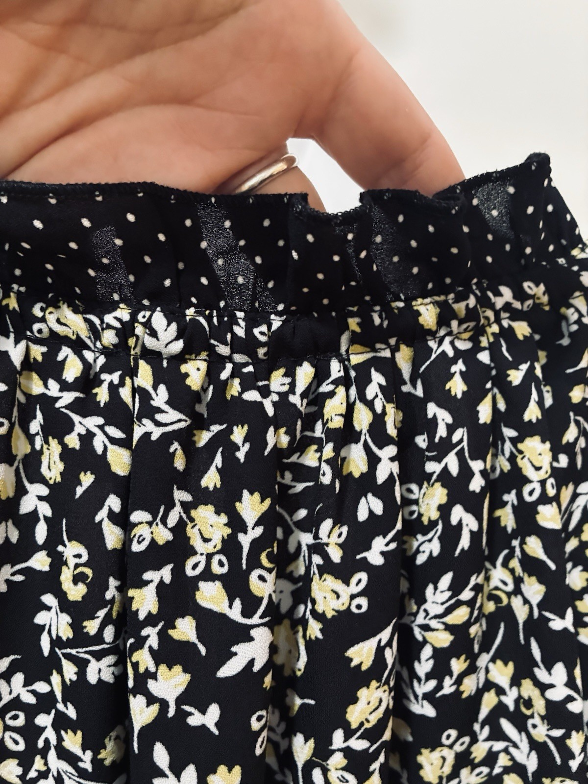 DALIA Patchwork Floral Polka Dot Ruffle Black Yellow Peasant Blouse Boho Top L