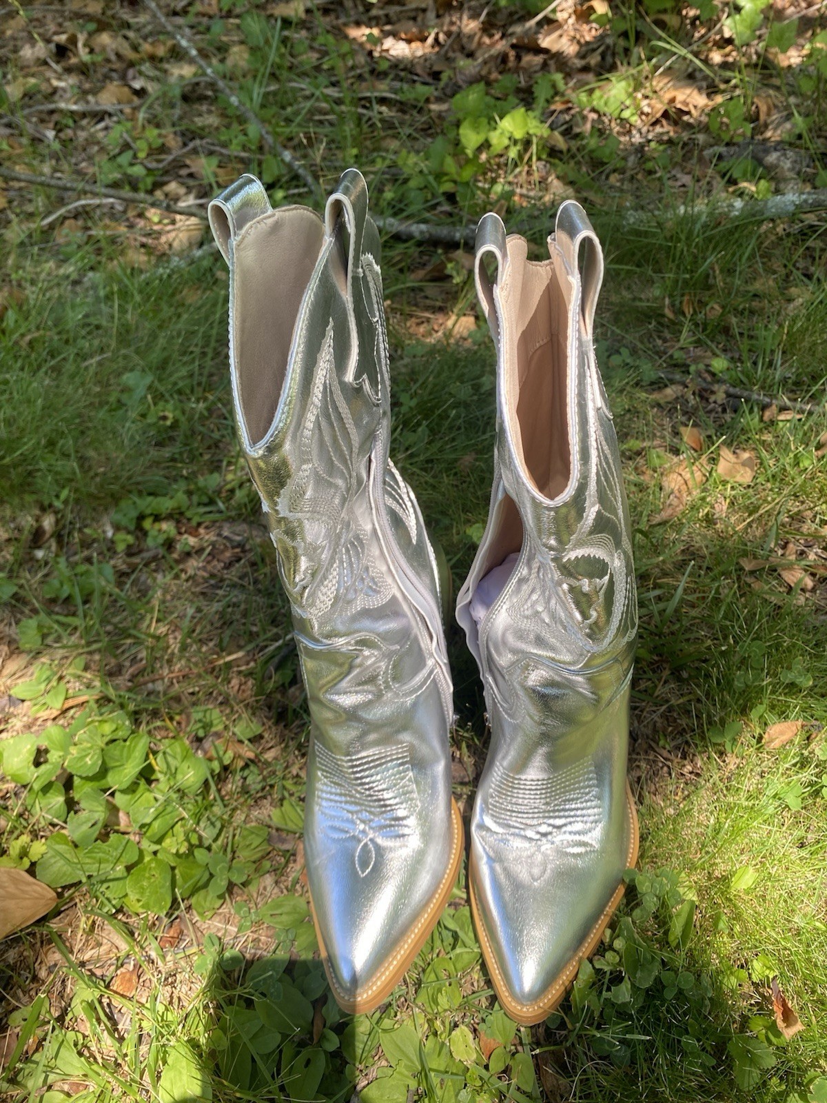 Women’s Metallic Silver Western Embroidered Zip Mid-Calf Boots Pointed Toe 8