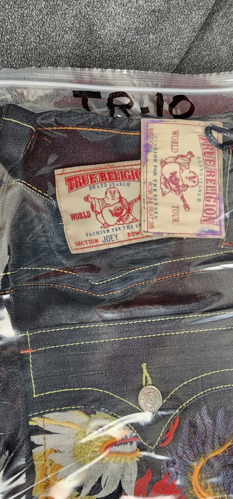True Religion Joey Jeans Mens 38×35 Made in USA Dragon Embroidered Flare Raw Y2K