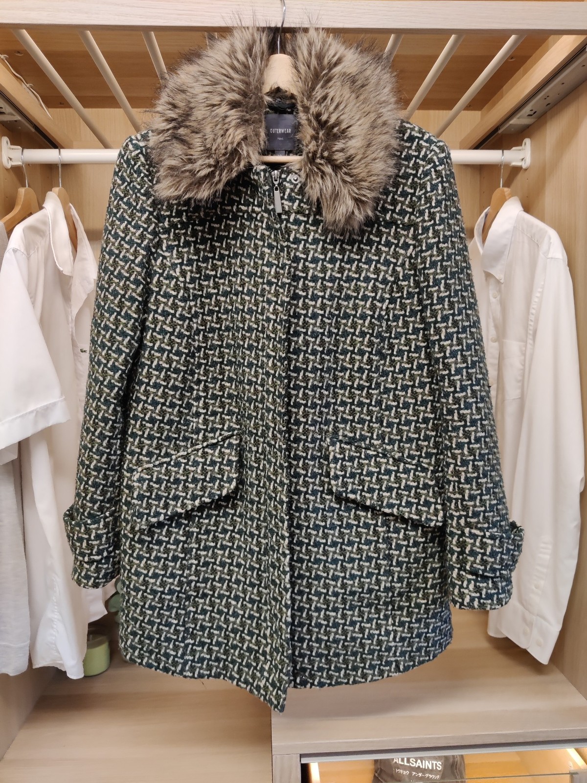 NEXT GREEN UK 10 OVERCOAT JACKET CASUAL FORMAL FAUX FUR COLLAR ZIP UP WOMENS