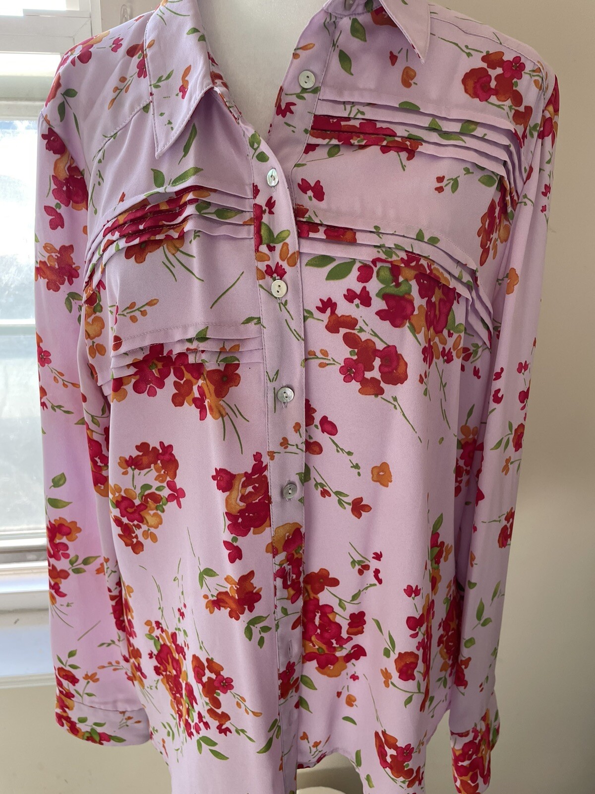 Nanette Lepore Women’s Large Pink Floral | Button Up Collared Chiffon Blouse