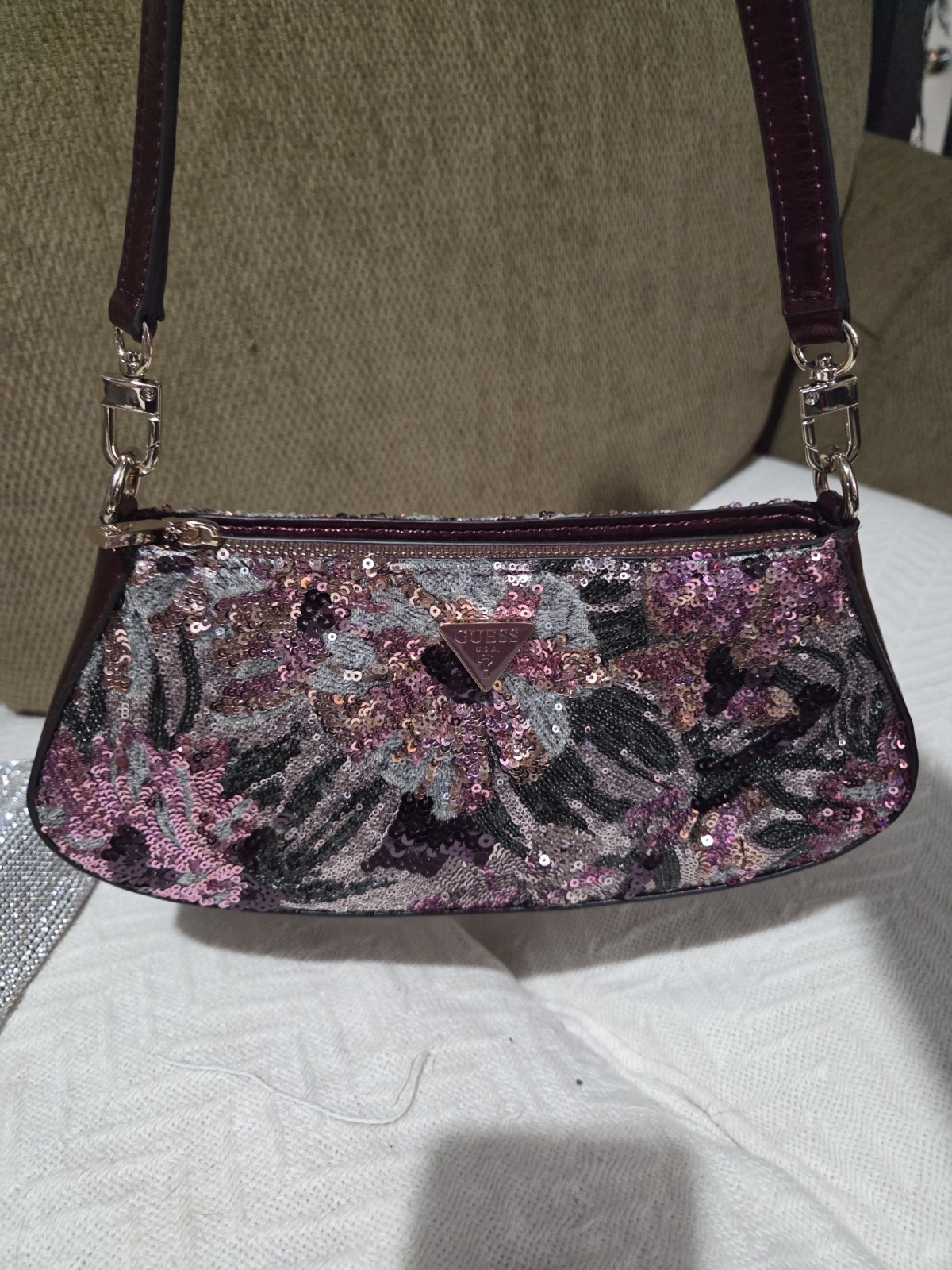 Pink/Black Floral Sequin Crescent Women’s Shoulder Bag Zip, Purple Strap