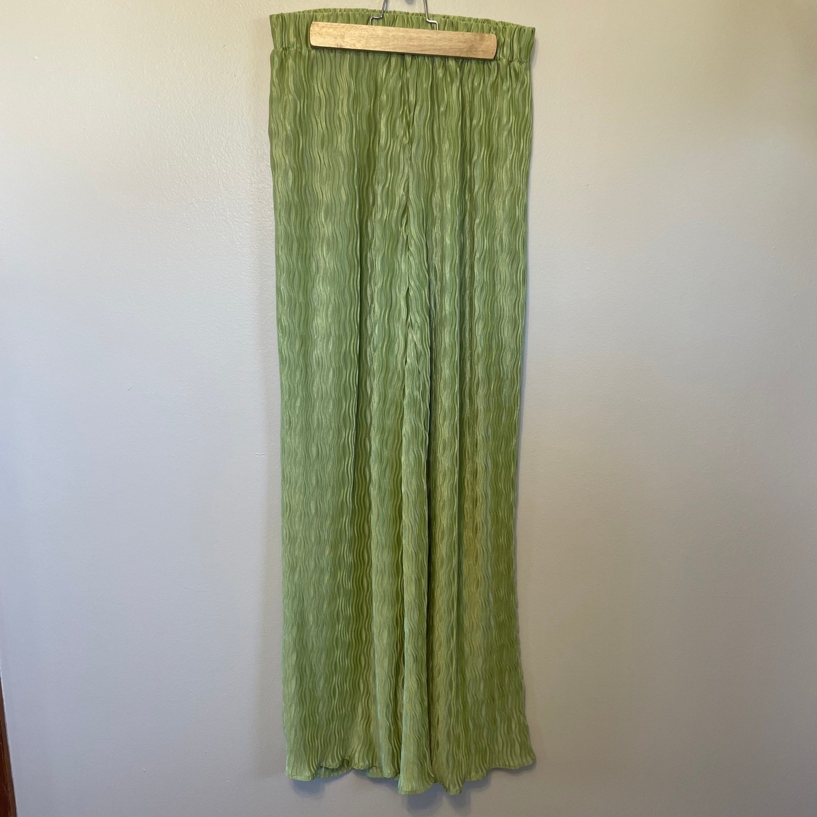 Blue Blush Plissé Satin Wide Leg Pants Small Green Crinkle Palazzo Elastic Wai