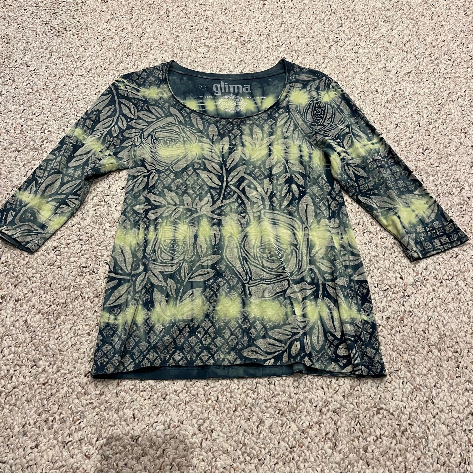 Glima Tie Dye Rose Floral Pattern Tee L 3/4 Sleeve Fairy Grunge Retro Y2K