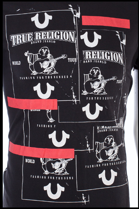 $69 TRUE RELIGION Black BUDDHA TAPE Short Sleeve Designer Graphic T-shirt NWT