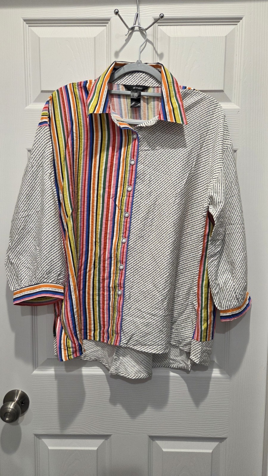 Ali Miles Stripe Point Collar 3/4 Cuffed Sleeve High-Low Hem Button-Front Shirt