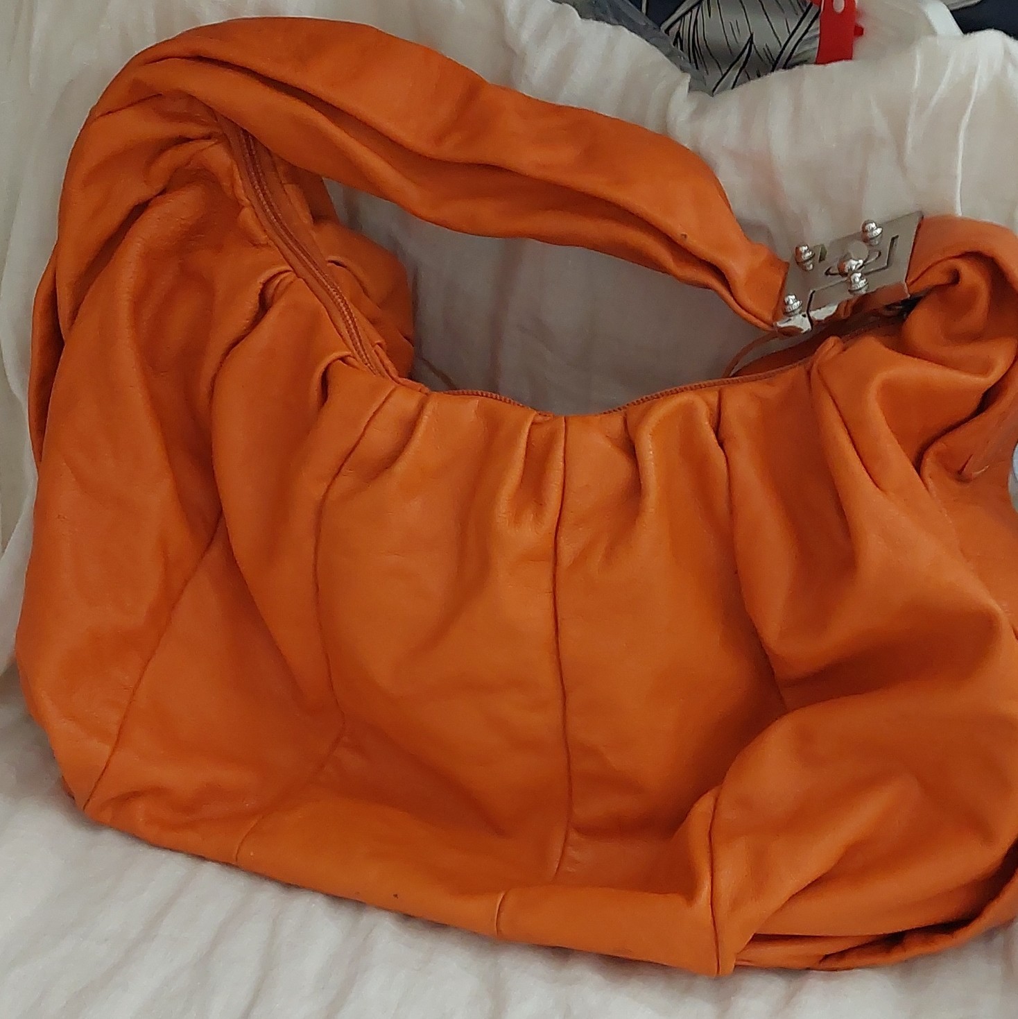 Orange Pleated Women’s Shoulder Bag with Silver Hardware Zip Closure