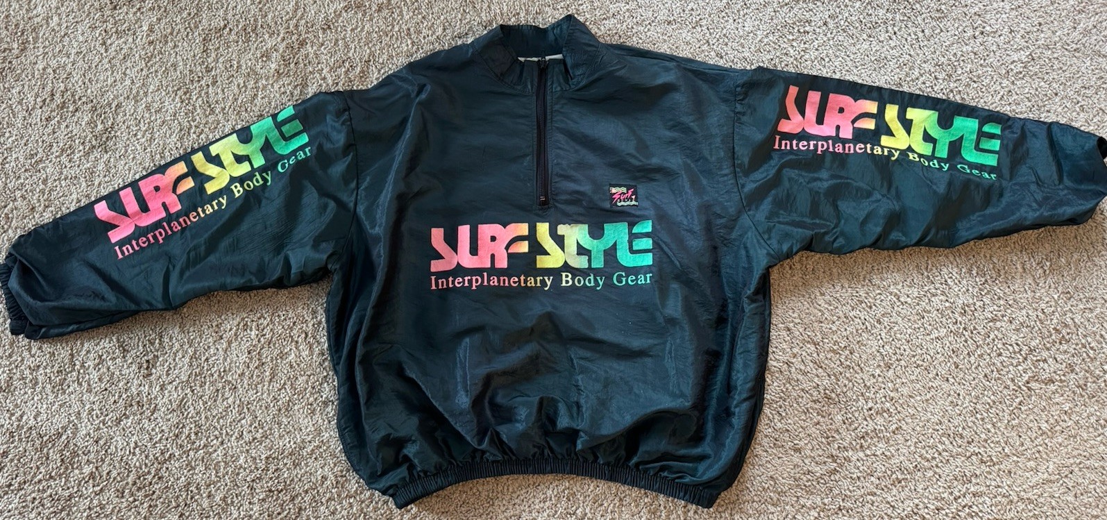 VTG 1980s Surf Style Windbreaker Mens One Size Pullover 1/4 Zip Metallic Green