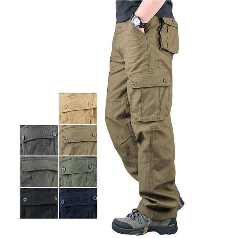 8 Pockets Men’s Cargo Pants Cotton Work Trousers Tactical Combat Outdoor Pants