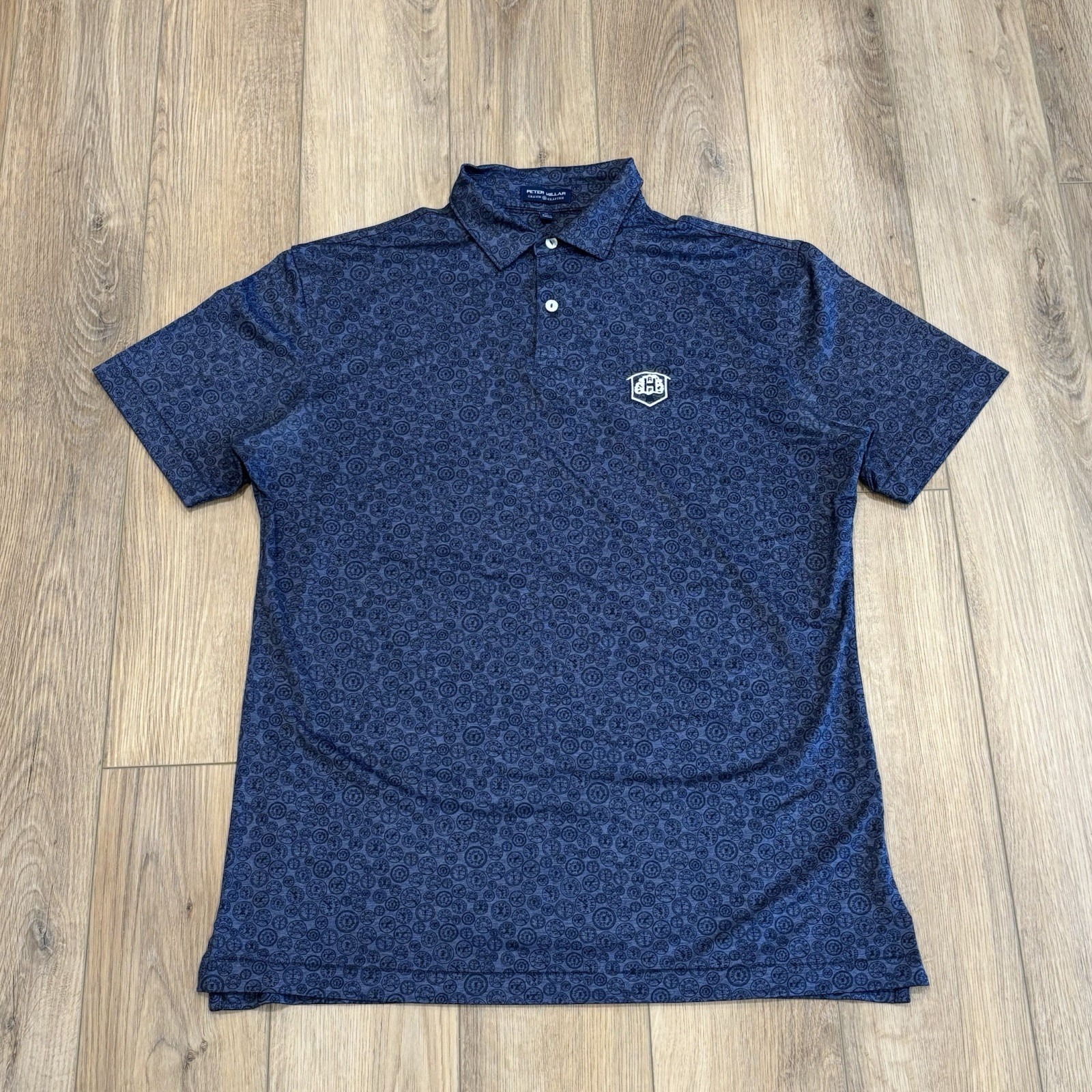 Peter Millar Crown Crafted Men’s Polo Golf Shirt Size Medium Clock Print Pattern
