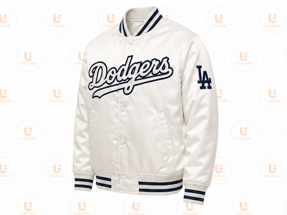 Los Angeles Dodgers White Satin Varsity Jacket, LA Dodgers Baseball Bomber Jacke