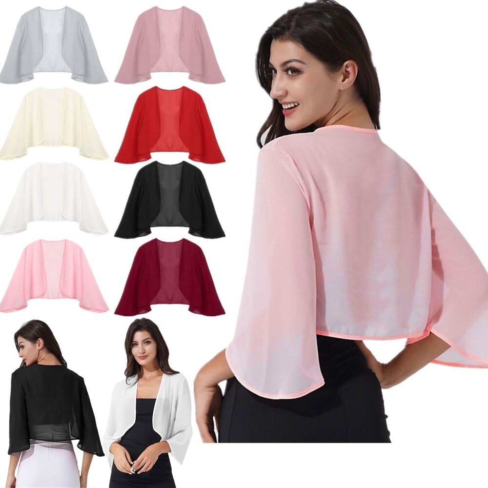 US Women’s 3/4 Sleeve Shrugs Cropped Cardigan Chiffon Bolero Open Front Jacket