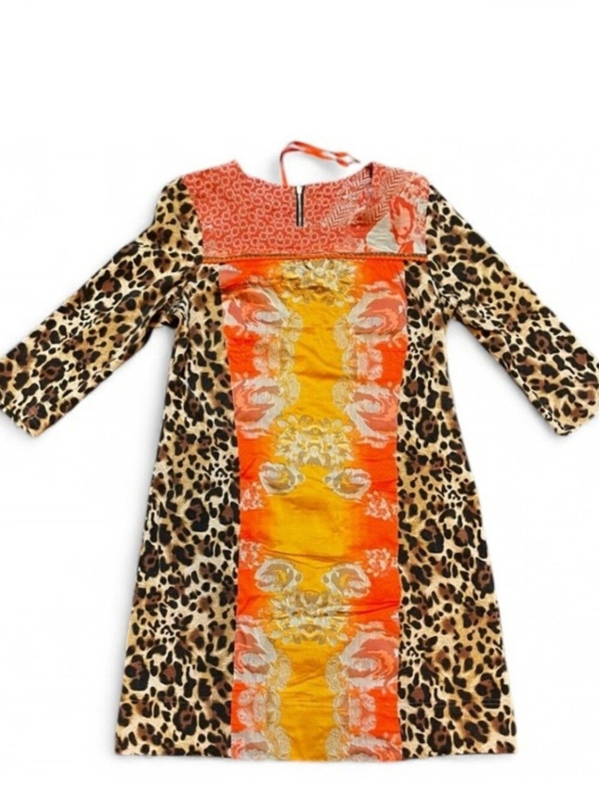 Uncle Frank Orange and Yellow Panel Leopard-Print Mini Dress