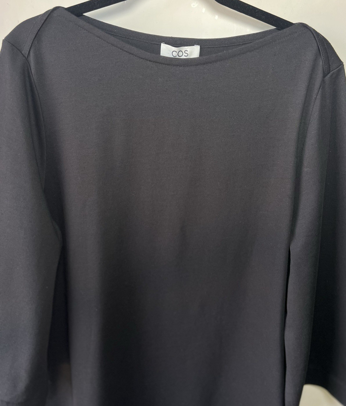 COS Black Organic Cotton Shift Dress M Boat Neck 3/4 Bell Sleeve Minimalist NWT