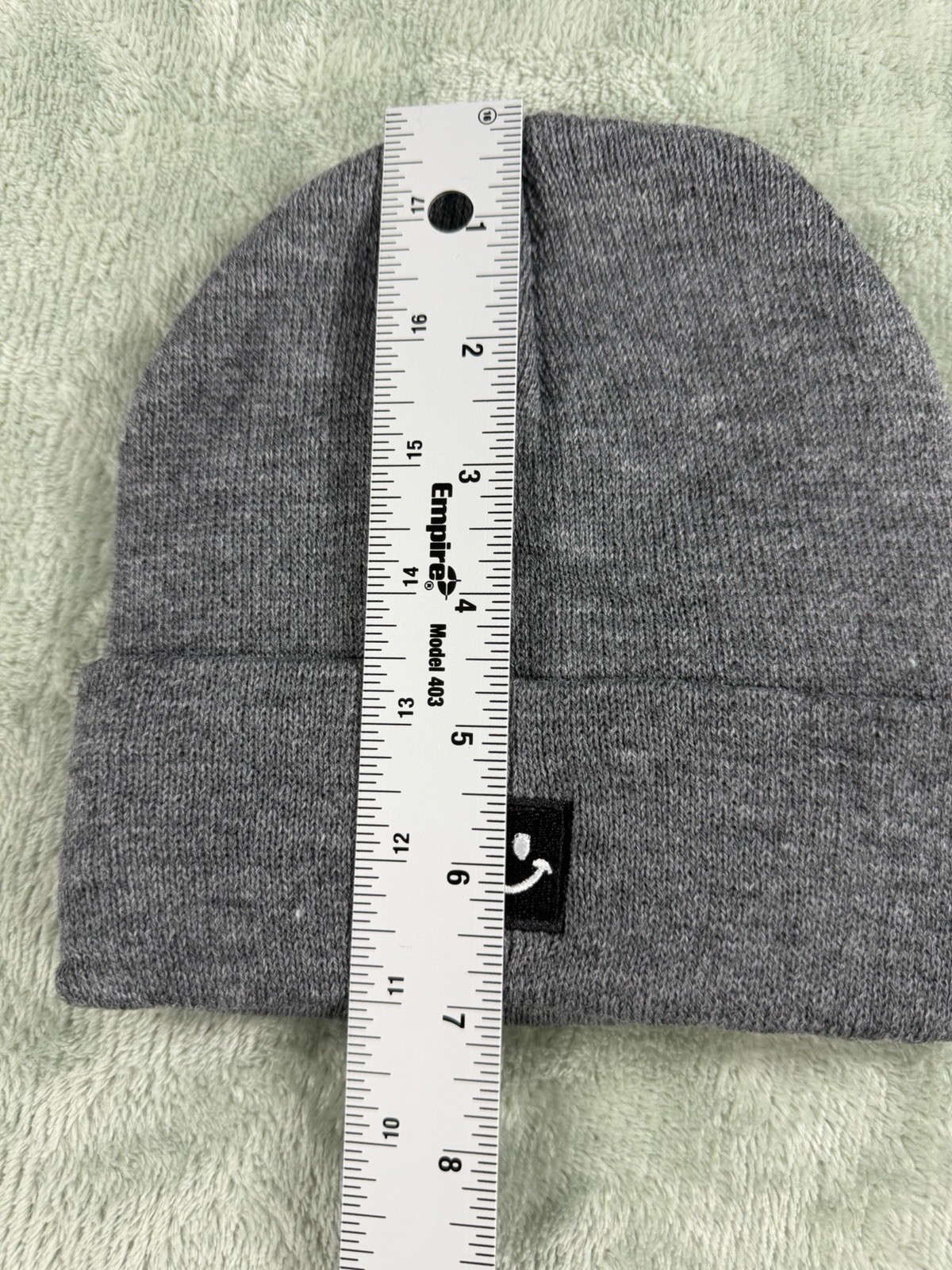 Gray Cuffed Beanie Hat Solid One Size Unisex Youths Smiley Face Patch