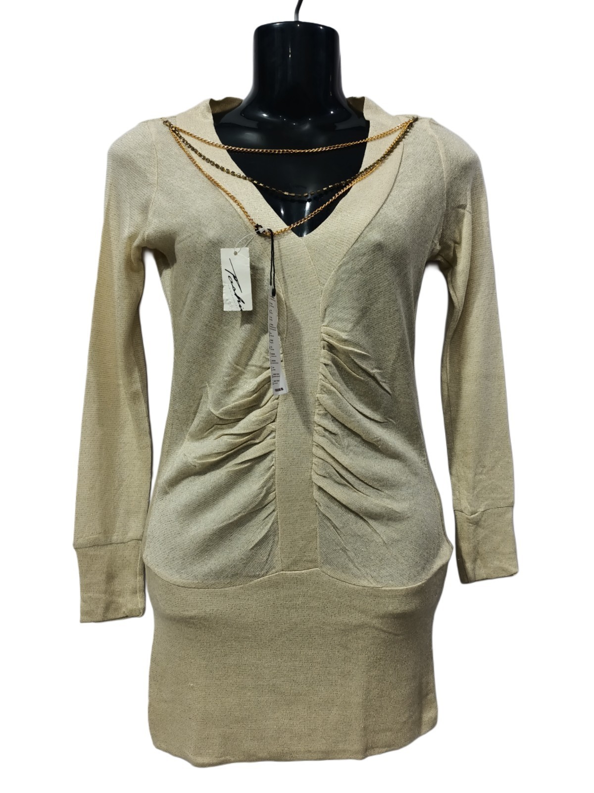 Beige Gold | M/L | Stretch Knit | Length Adjustable Length Ruched Dress