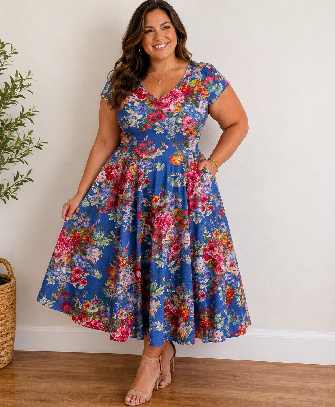eShakti Dress Plus Size 2X Pockets Blue Floral Fit & Flare Cottagecore Garden