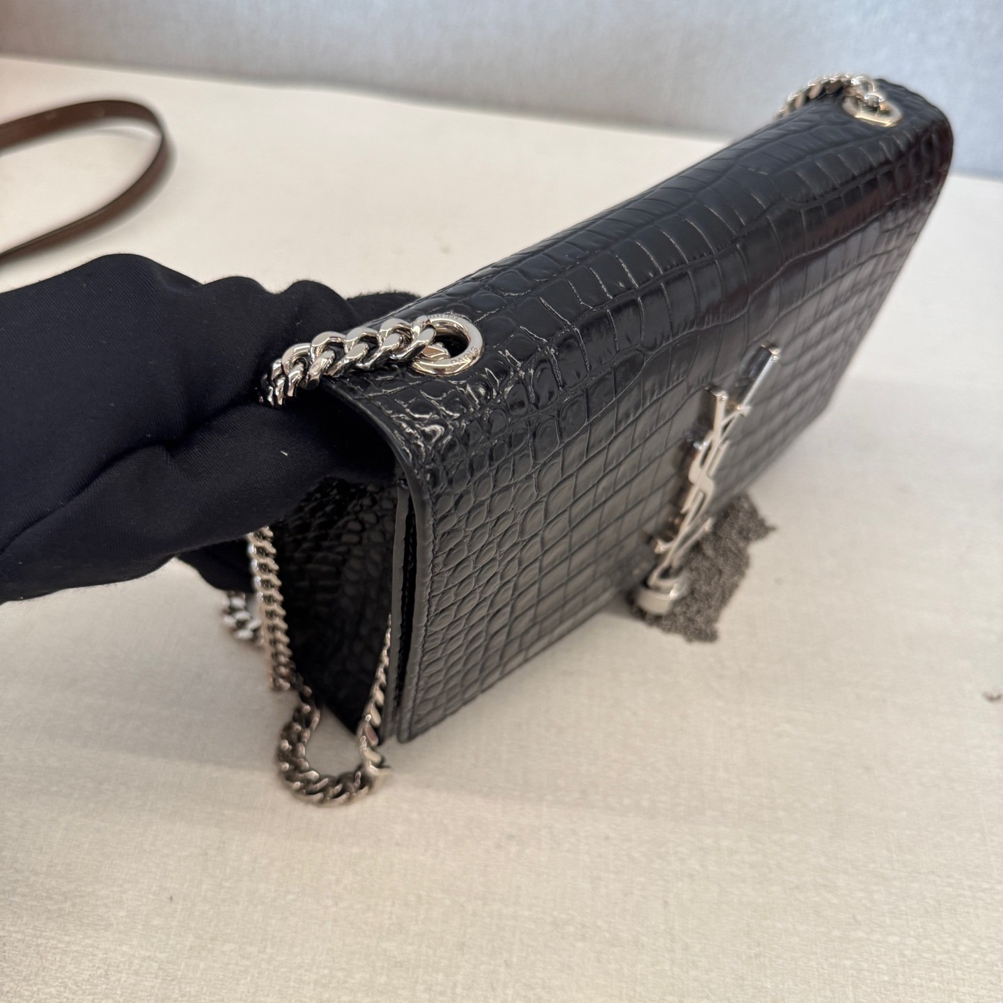 Saint Laurent Kate Small Black Croc Embossed Cowhide Crossbody Bag US Ship