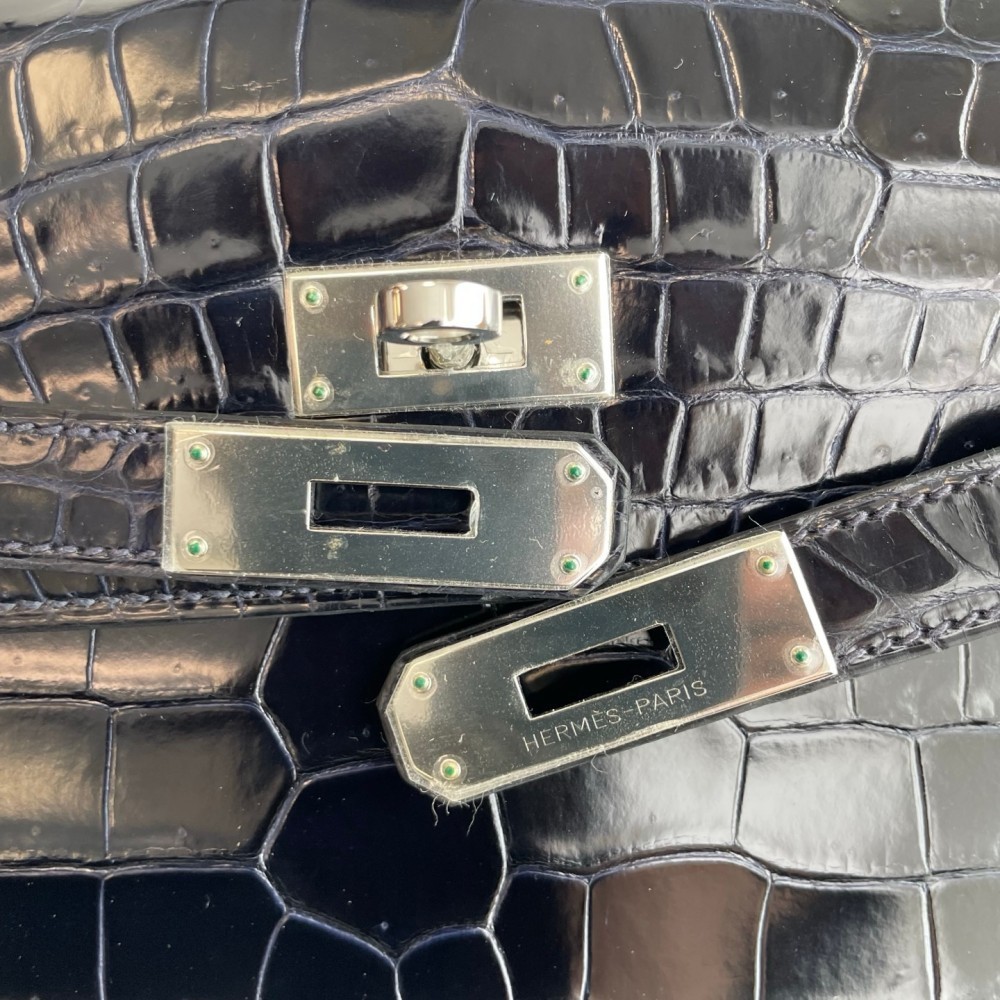 Hermes Kelly 35 in inverted V leather blue with silver hardware.