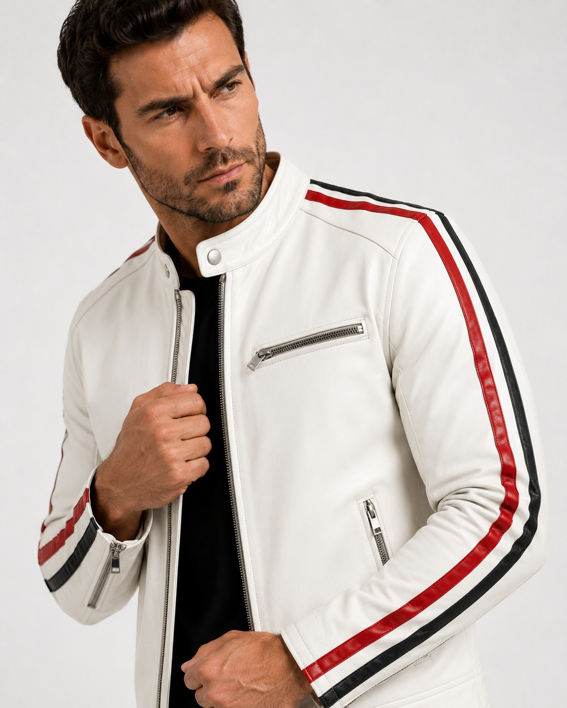 Men’s White Real Lambskin Leather Cafe Racer Jacket Red Black Racing Stripes