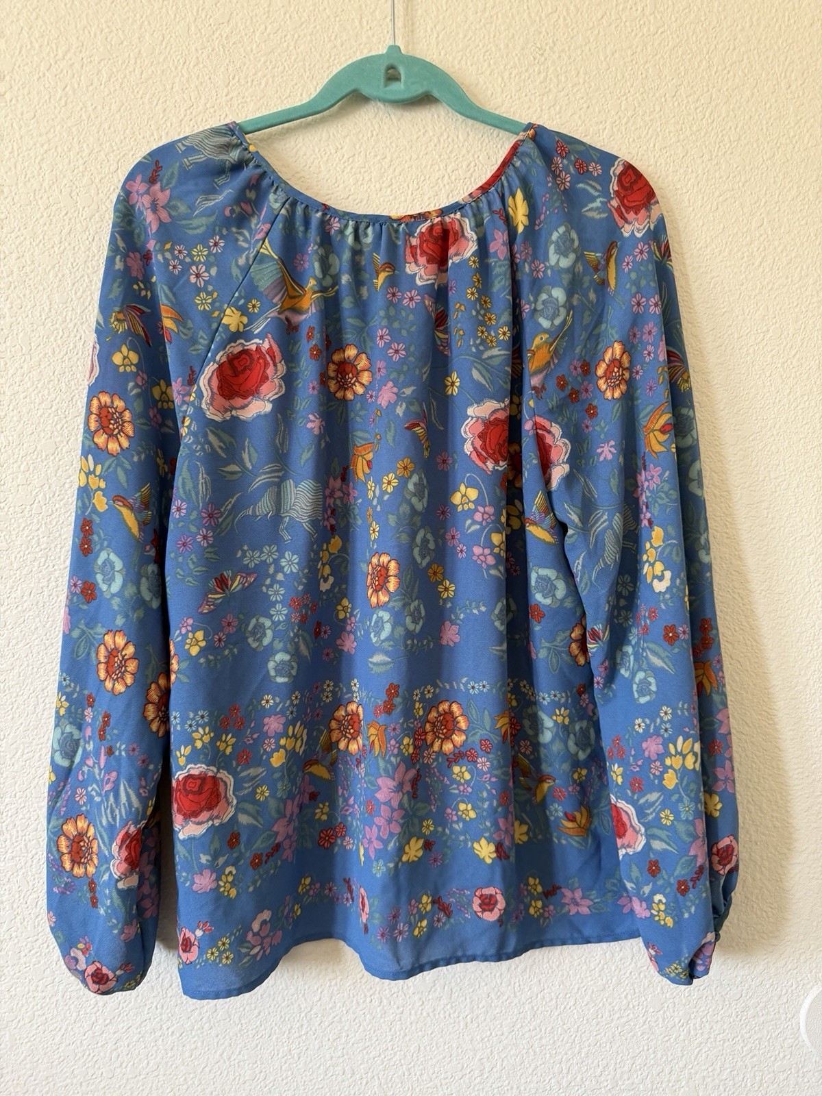 Dalia Women’s Blue Floral Long Sleeve Peasant Blouse Tie Neck Boho Top Size L