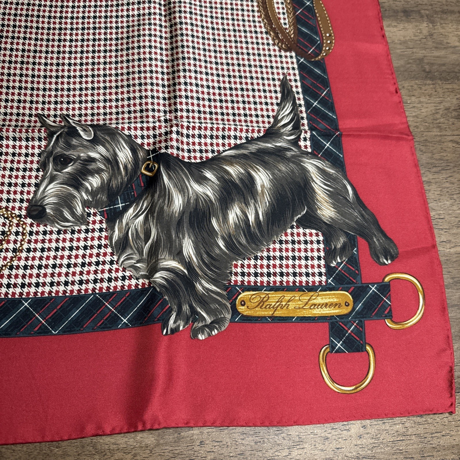 Vintage 35” Ralph Lauren Houndstooth Silk Scarf Best In Show Dogs Heritage Dog