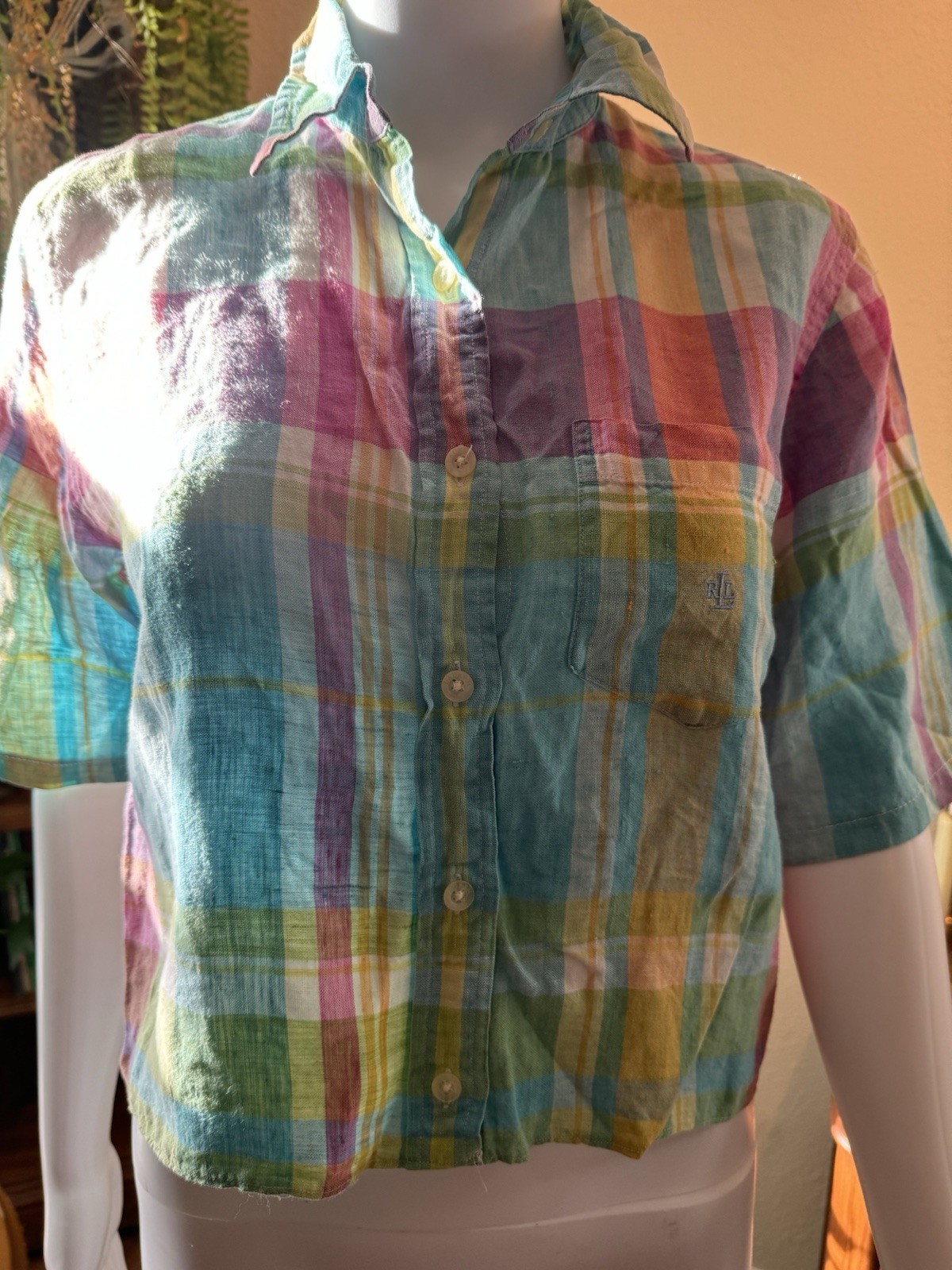 Ralph Lauren Linen Cropped Preppy Button Up Size Small Plaid