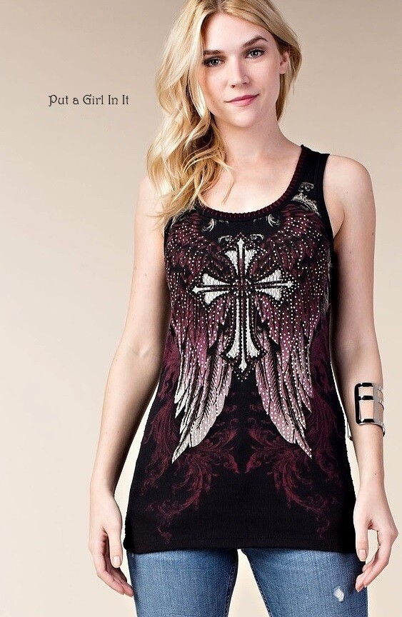 New USA VOCAL Womens CRYSTAL BLACK WINE WHIPSTITCH WINGS CROSS TANK TOP S M L XL